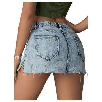 BEAUDRM Women's Ripped Raw Hem High Waisted Bodycon Skirt Zipper A Line Mini Denim Skirt Light Wash Large