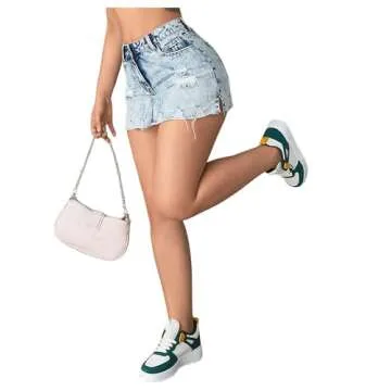 BEAUDRM Women's Ripped Raw Hem High Waisted Bodycon Skirt Zipper A Line Mini Denim Skirt Light Wash Large