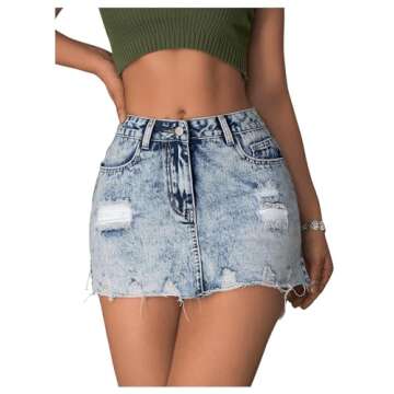 BEAUDRM Women's Ripped Raw Hem High Waisted Bodycon Skirt Zipper A Line Mini Denim Skirt Light Wash Large