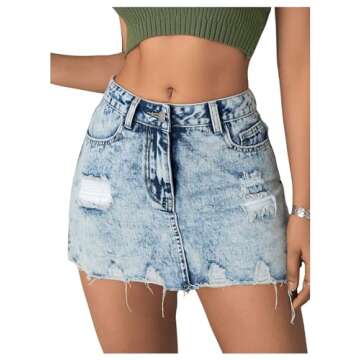 BEAUDRM Women's Ripped Raw Hem High Waisted Bodycon Skirt Zipper A Line Mini Denim Skirt Light Wash Large