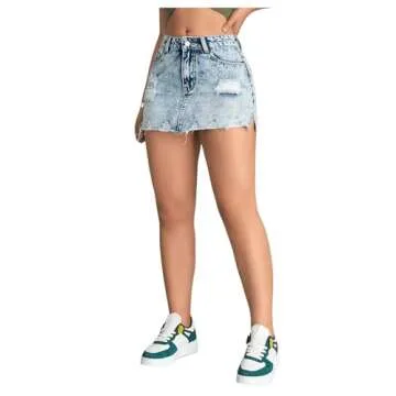 BEAUDRM Women's Ripped Raw Hem High Waisted Bodycon Skirt Zipper A Line Mini Denim Skirt Light Wash Large