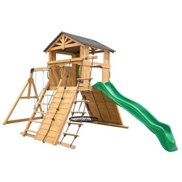Backyard Discovery Endeavor All Cedar Wood Swing Set Playset for Backyard with Large Clubhouse Wave ...