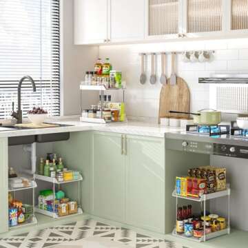 JLKDQ 4 Pack Bathroom Under Sink Organizers and Storage, 2-Tier Pull Out Cabinet Organizer and Medic...