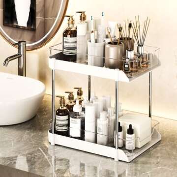 JLKDQ 4 Pack Bathroom Under Sink Organizers and Storage, 2-Tier Pull Out Cabinet Organizer and Medicine Storage Shelf,Fit Cabinets, Kitchens,Food Pantry. (White&Clear,10.63" L x 8.0" W x 8.46" H).