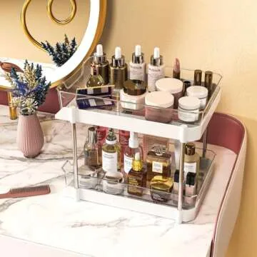 JLKDQ 4 Pack Bathroom Under Sink Organizers and Storage, 2-Tier Pull Out Cabinet Organizer and Medicine Storage Shelf,Fit Cabinets, Kitchens,Food Pantry. (White&Clear,10.63" L x 8.0" W x 8.46" H).