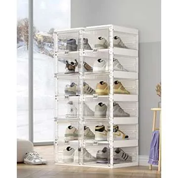 ANTBOX Foldable Shoe Rack,Shoe Organizers for Closet Plastic Shoe Storage Box Space Saving for Entryway, Large Sturdy Stackable Sneaker Cabinet Bins with Magnetic Clear Door 6 Tiers 12 Pairs