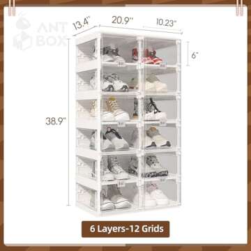 ANTBOX Foldable Shoe Rack,Shoe Organizers for Closet Plastic Shoe Storage Box Space Saving for Entryway, Large Sturdy Stackable Sneaker Cabinet Bins with Magnetic Clear Door 6 Tiers 12 Pairs