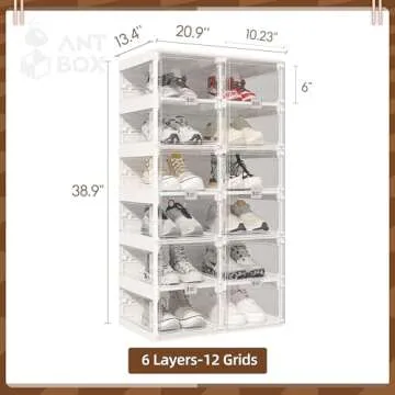 ANTBOX Foldable Shoe Rack,Shoe Organizers for Closet Plastic Shoe Storage Box Space Saving for Entryway, Large Sturdy Stackable Sneaker Cabinet Bins with Magnetic Clear Door 6 Tiers 12 Pairs