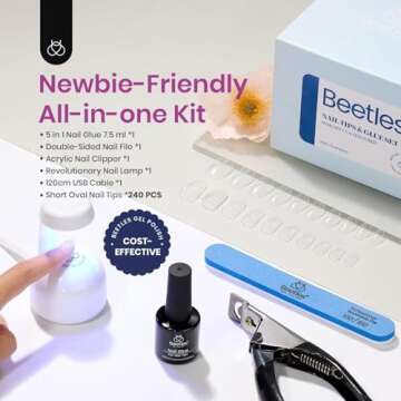 Beetles Nail Tips 240 Pcs Short Oval Nail Kit 5 In 1 Nail Glue Base Gel Uv Led Lamp Press on Nails E...