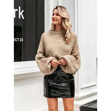 Simplee Women's Oversized Cropped Sweater Lantern Long Sleeve Loose Knit Pullover Sweater (Camel 0-12)