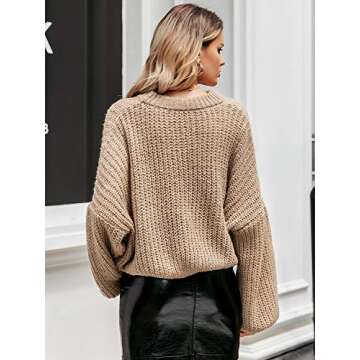 Simplee Women's Oversized Cropped Sweater Lantern Long Sleeve Loose Knit Pullover Sweater (Camel 0-12)