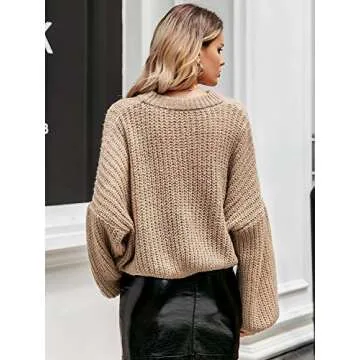 Simplee Women's Oversized Cropped Sweater Lantern Long Sleeve Loose Knit Pullover Sweater (Camel 0-12)