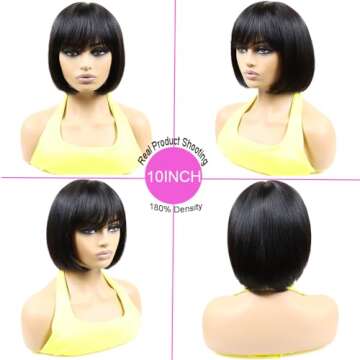 Mofyue Short Human Hair Bob Wigs With Bangs Straight Realistic Scalp Glueless Non Lace Front Wig For...