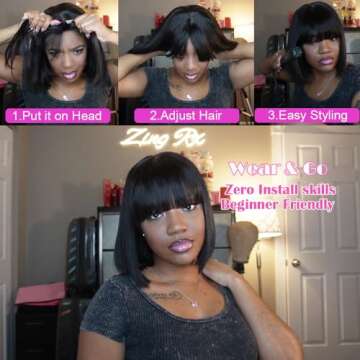 Mofyue Short Human Hair Bob Wigs With Bangs Straight Realistic Scalp Glueless Non Lace Front Wig For Women Wear and Go Blunt Cut Brazilian Natural Bob Wigs 180% Density (Natural Color, 10 Inch)