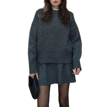 CHARTOU Women Sweater Skirt Sets 2 Pieces Outfits Loose Fit Pullover Sweater Knitted Mini Skirt (Lar...
