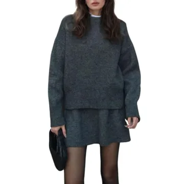 CHARTOU Women Sweater Skirt Sets 2 Pieces Outfits Loose Fit Pullover Sweater Knitted Mini Skirt (Lar...