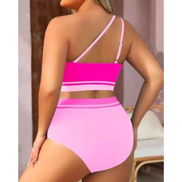 Aqua Eve Women Plus Size High Waisted Bikini One Shoulder Two Piece Swimsuit Color Block Bathing Sui...