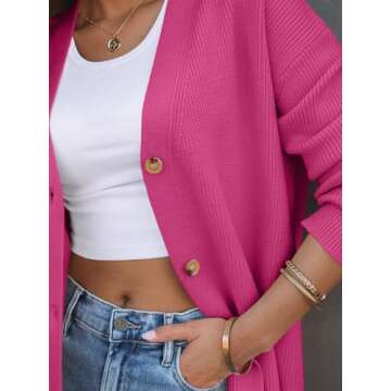 LILLUSORY Women Oversized Cardigan Sweater 2025 Fall Outfits Cloth Fashion V Neck Knit Button Front Casual Trendy Tops Hot Pink X-Small