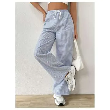 RoseSeek Women's Striped Print Straight Wide Leg Linen Pants Drawstring Waist Slant Pockets Pants Casual Long Pants Blue and White X-Small