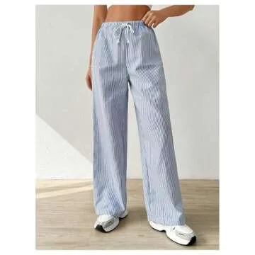 RoseSeek Women's Striped Print Straight Wide Leg Linen Pants Drawstring Waist Slant Pockets Pants Casual Long Pants Blue and White X-Small