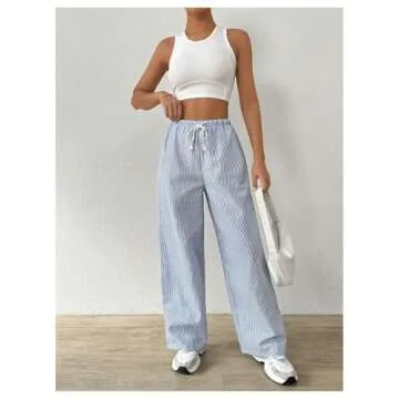 RoseSeek Women's Striped Print Straight Wide Leg Linen Pants Drawstring Waist Slant Pockets Pants Casual Long Pants Blue and White X-Small
