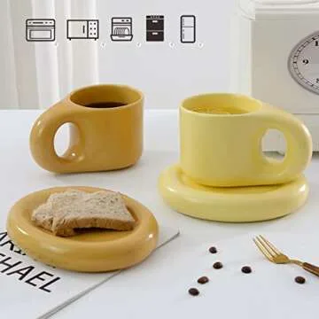 Ceramic Coffee Mug, 10 oz Ceramic Coffee Cups Set, Porcelain Cappuccino Cups for Latte, Espresso Cups Set with Matching Saucers, for Specialty Coffee Drinks, Latte, Cafe Mocha, Tea