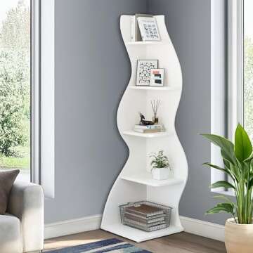 NicBex Corner Shelf Modern 5-Tier Corner Bookshelf 72 Inch Tall Corner Shelf Small Storage Bookcase with Seagrass-Inspired Style Wood Corner Bookcase for Living Room, Bedroom, Study, White