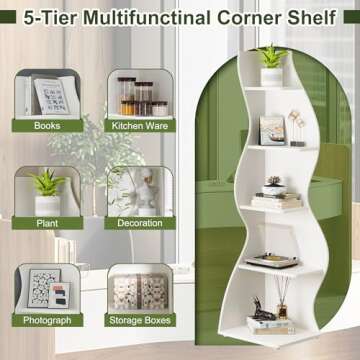 NicBex Corner Shelf Modern 5-Tier Corner Bookshelf 72 Inch Tall Corner Shelf Small Storage Bookcase with Seagrass-Inspired Style Wood Corner Bookcase for Living Room, Bedroom, Study, White