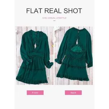 Dokotoo Womens Cute Summer Spring Sexy Deep V Neck Ruffle Chiffon Lantern Long Sleeve Elegant Boho Hawaiian Flowy Mini Short Skirt Dresses for Women Party Casual Summer 2024 Green Medium