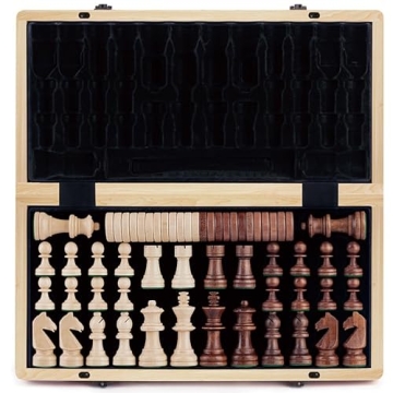 A&A 15 inch Wooden Folding Chess & Checkers Set/Weighted Chess Pieces / 3 inch King Height Staunton ...