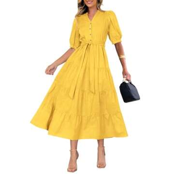 PRETTYGARDEN Women's Summer Midi Dress 2025 Casual Short Sleeve V Neck Buttons Belted Ruffle A Line Flowy Dress with Pockets (Yellow,X-Large)