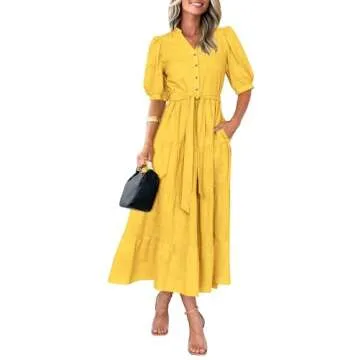 PRETTYGARDEN Women's Summer Midi Dress 2025 Casual Short Sleeve V Neck Buttons Belted Ruffle A Line Flowy Dress with Pockets (Yellow,X-Large)