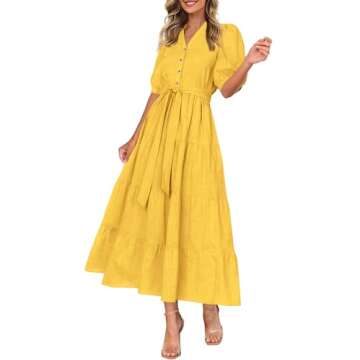 PRETTYGARDEN Women's Summer Midi Dress 2025 Casual Short Sleeve V Neck Buttons Belted Ruffle A Line Flowy Dress with Pockets (Yellow,X-Large)