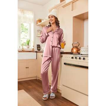 Ekouaer Women's Classic Button Down Long Satin Silk Pajama Set,Small,Lotus color