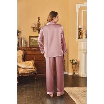 Ekouaer Women's Classic Button Down Long Satin Silk Pajama Set,Small,Lotus color
