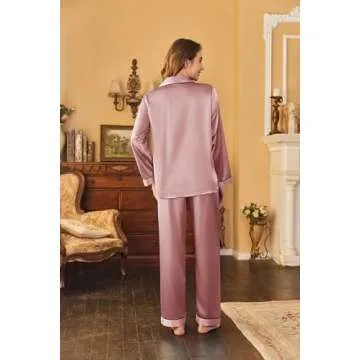 Ekouaer Women's Classic Button Down Long Satin Silk Pajama Set,Small,Lotus color