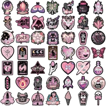 50-Piece Pink Goth Witch Sticker - Pastel Gothic Stickers with Skulls, Crystals and Spooky Quotes