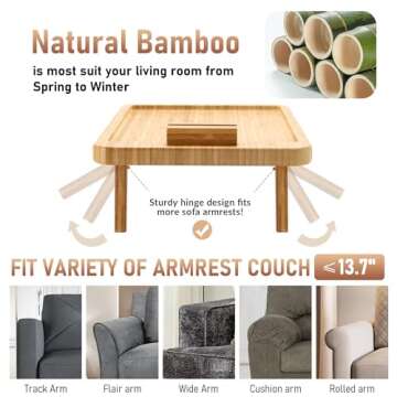 SINWANT Couch Arm Tray,Bamboo Sofa Tray Table Clip on Side Table for Wide Couch,Foldable Couch Tray with 360° Phone Holder,Couch Arm Table for Eating/Drinks/Snacks/Remote/Control