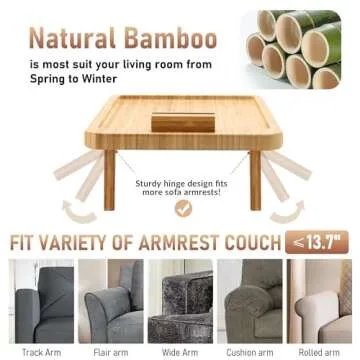 SINWANT Couch Arm Tray - Bamboo Foldable Clip-On Table