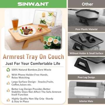 SINWANT Couch Arm Tray,Bamboo Sofa Tray Table Clip on Side Table for Wide Couch,Foldable Couch Tray with 360° Phone Holder,Couch Arm Table for Eating/Drinks/Snacks/Remote/Control