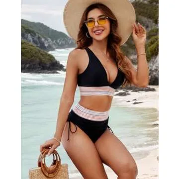 BMJL Womens High Waisted Bikini Sets Tummy Control Swimsuits Sexy V Neck Two Piece Bathing Suits 2024(L,Black