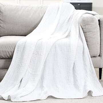 Yoofoss Muslin Blanket 100% Cotton Summer Blanket Large Twin Size 60" x 80" for Bed Couch 6-Layer Gauze Blanket for Adults Lightweight and Breathable White