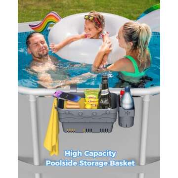 VICHTOP Poolside Storage Basket for Above Ground Pools, Above Ground Pool Accessories, Swimming Pool Storage Basket with Pool Cup Holder, Versatile Organization for Pool Accessories(2 Pack)
