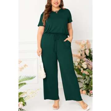 levaca Plus Size Curvy Women Jumpsuits Wide Leg Casual Summer Dark Green 1XL