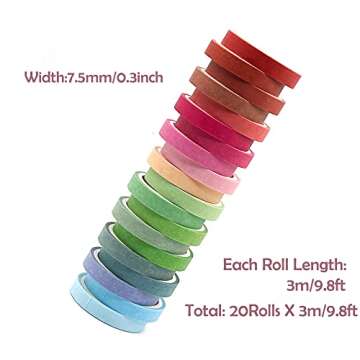 20 Rolls Washi Tape Set, Colored Washi Masking Tape 7.5mm Wide, Thin Decorative Tape for Bullet Journal, Book, Planner, Scrapbooking, DIY Arts Crafts