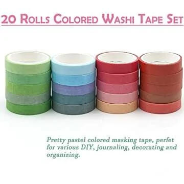20 Rolls Washi Tape Set, Colored Washi Masking Tape 7.5mm Wide, Thin Decorative Tape for Bullet Journal, Book, Planner, Scrapbooking, DIY Arts Crafts