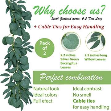IMORIGINS 2 Pack - Artificial Eucalyptus Garland with Willow Vines, 6.5' Long Faux Eucalyptus Garland Greenery, Silver Dollar Eucalyptus Leaves Fake Greenery Garland Wedding Backdrop Arch Wall Decor