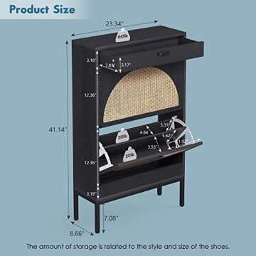 Brafab Shoe Cabinet, Shoe Rack Storage Organizer with 2 Flip Drawers, Natural Rattan Weave Shoe Storage Cabinet for Sneakers, Slippers (Black)…