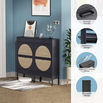 Brafab Shoe Cabinet, Shoe Rack Storage Organizer with 2 Flip Drawers, Natural Rattan Weave Shoe Storage Cabinet for Sneakers, Slippers (Black)…