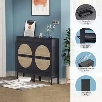 Brafab Shoe Cabinet, Shoe Rack Storage Organizer with 2 Flip Drawers, Natural Rattan Weave Shoe Storage Cabinet for Sneakers, Slippers (Black)…